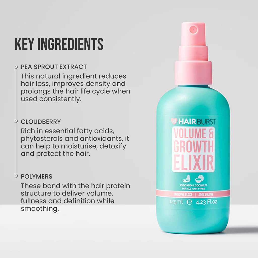 Hairburst, Volume and growth elixir spray, Panthenol and hydrolysed wheat protein spray for thicker hair, 125 ml