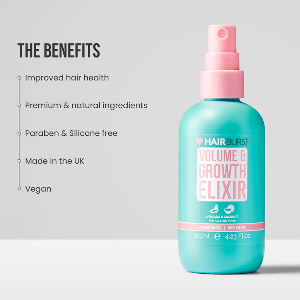 Hairburst, Volume and growth elixir spray, Panthenol and hydrolysed wheat protein spray for thicker hair, 125 ml