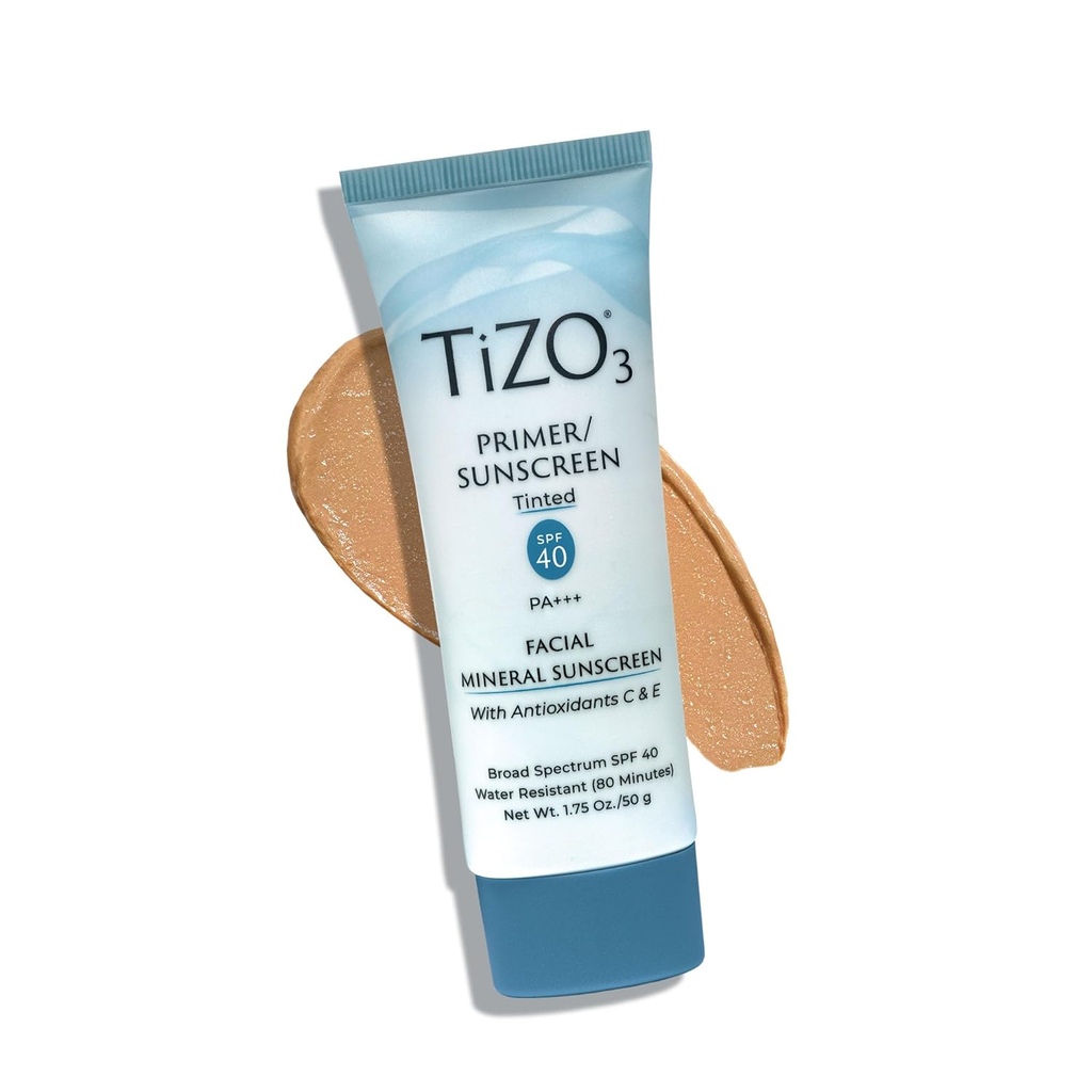 TiZO3, Facial Mineral Sunscreen and Primer Tinted Broad Spectrum SPF 40, Lightweight tinted sunscreen with primer benefits, 50 g