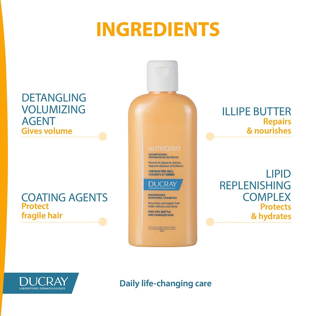 Ducray, Nutricerat Intense Nutrition Shampoo, Nourishing shampoo for dry and damaged hair, 200ml