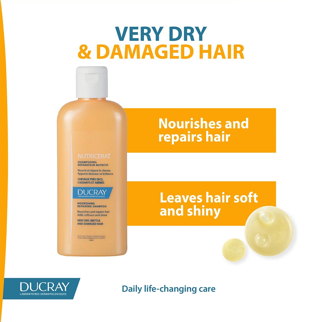 Ducray, Nutricerat Intense Nutrition Shampoo, Nourishing shampoo for dry and damaged hair, 200ml