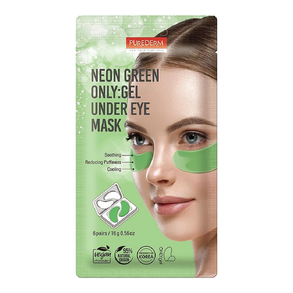 Purederm, Neon Green Only Gel Under Eye Mask, Refreshing gel patches to reduce puffiness, 6 pairs