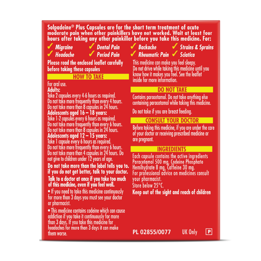 Solpadeine Plus, Capsules, Pain relief capsules with paracetamol and codeine, 20 capsules