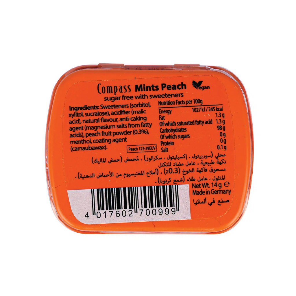 Compass, Fresh Mints Peach Sugar Free, Sugar-free peach flavored breath mints, 14g