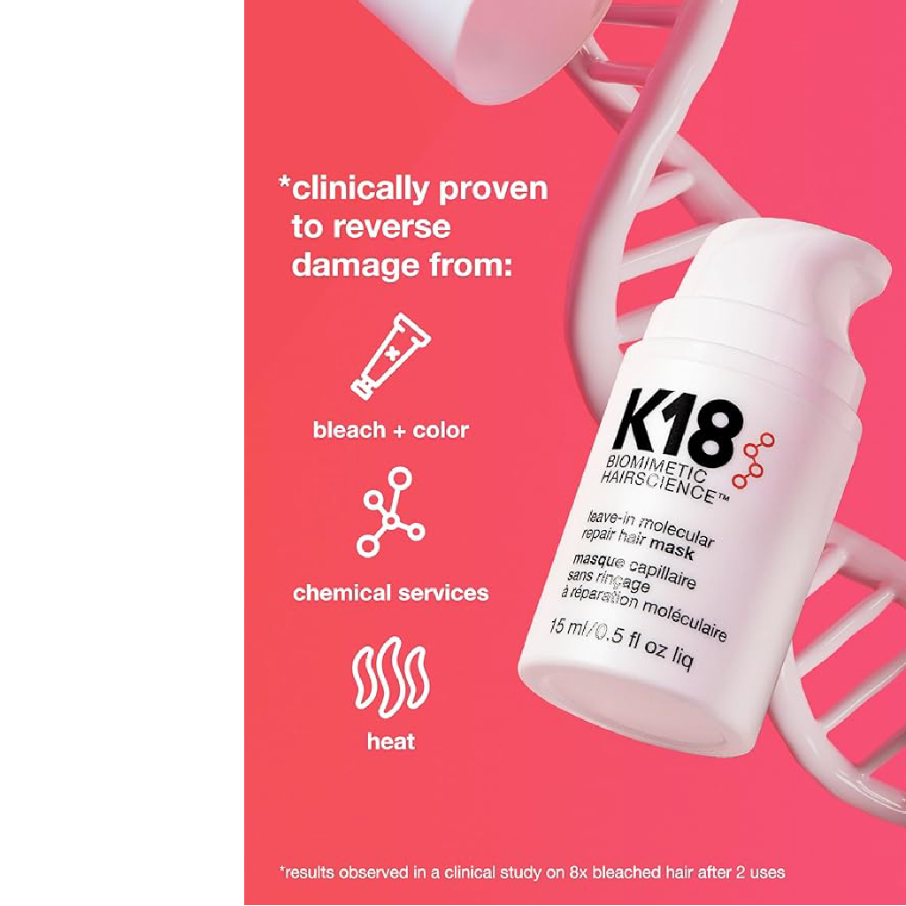 K18, Leave-In Molecular Repair Hair Mask, Deep repairing treatment for damaged hair, 15ml