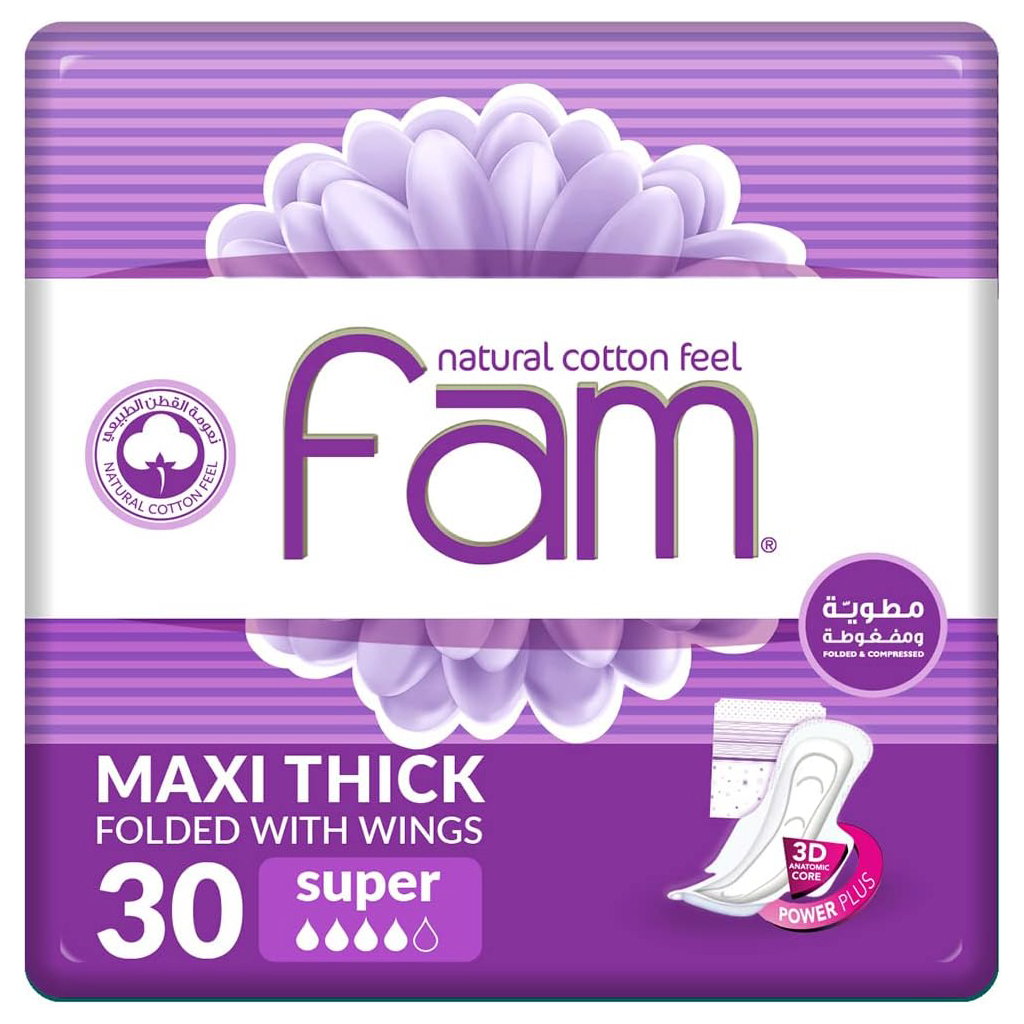 Fam, Sanitary Pads Maxi Super Ultra Thin, High absorbency ultra-thin sanitary pads, 30 pieces