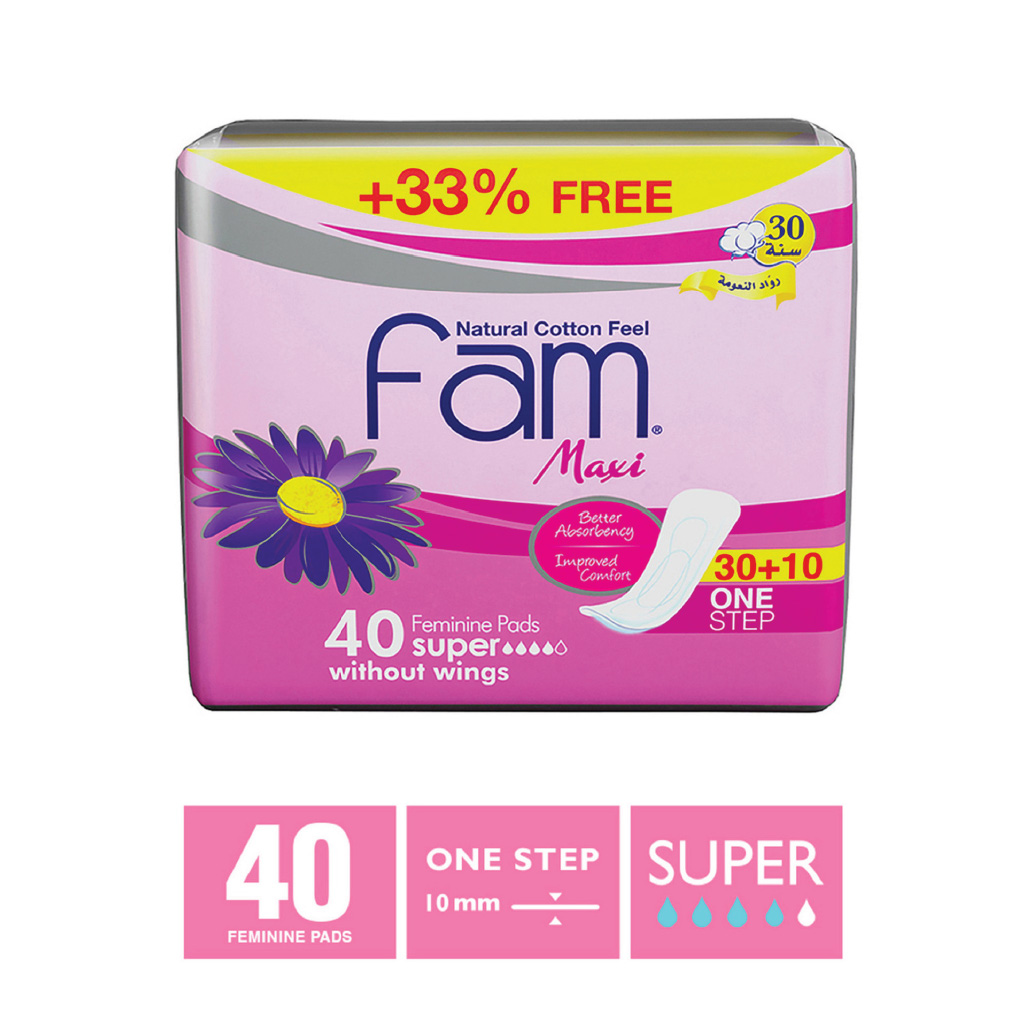 Fam, Maxi One Step Sanitary Pads, Extra absorbent sanitary pads for heavy flow