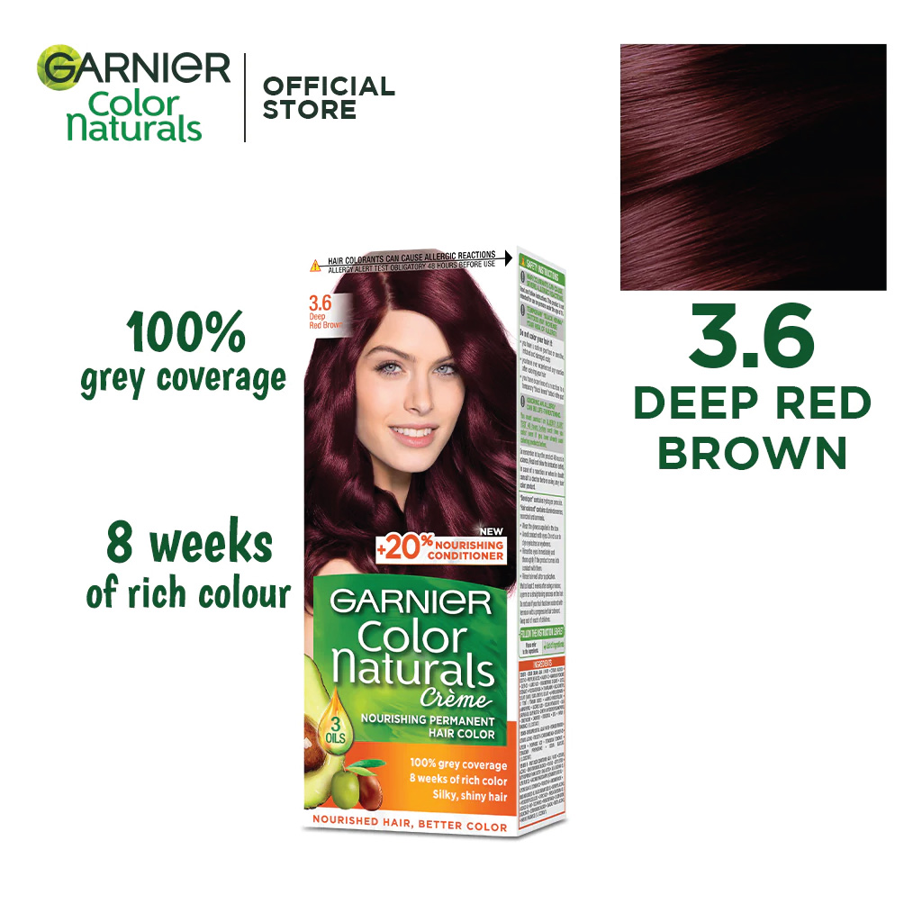 Garnier, Color Naturals Cream Hair Color 36 Deep Red Brown Kit, Permanent cream hair dye in deep red brown shade