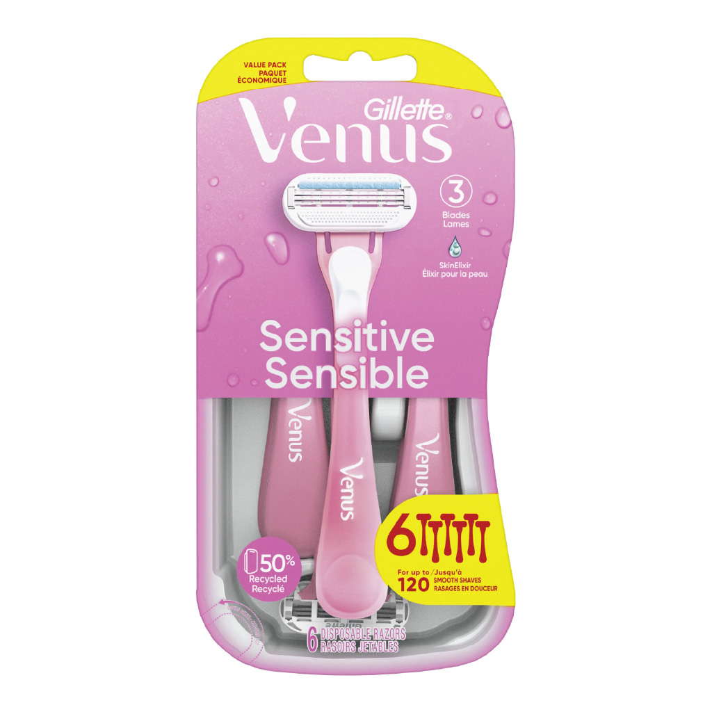 Gillette Venus 3 Sensitive Women's Disposable Razors, 6 Count