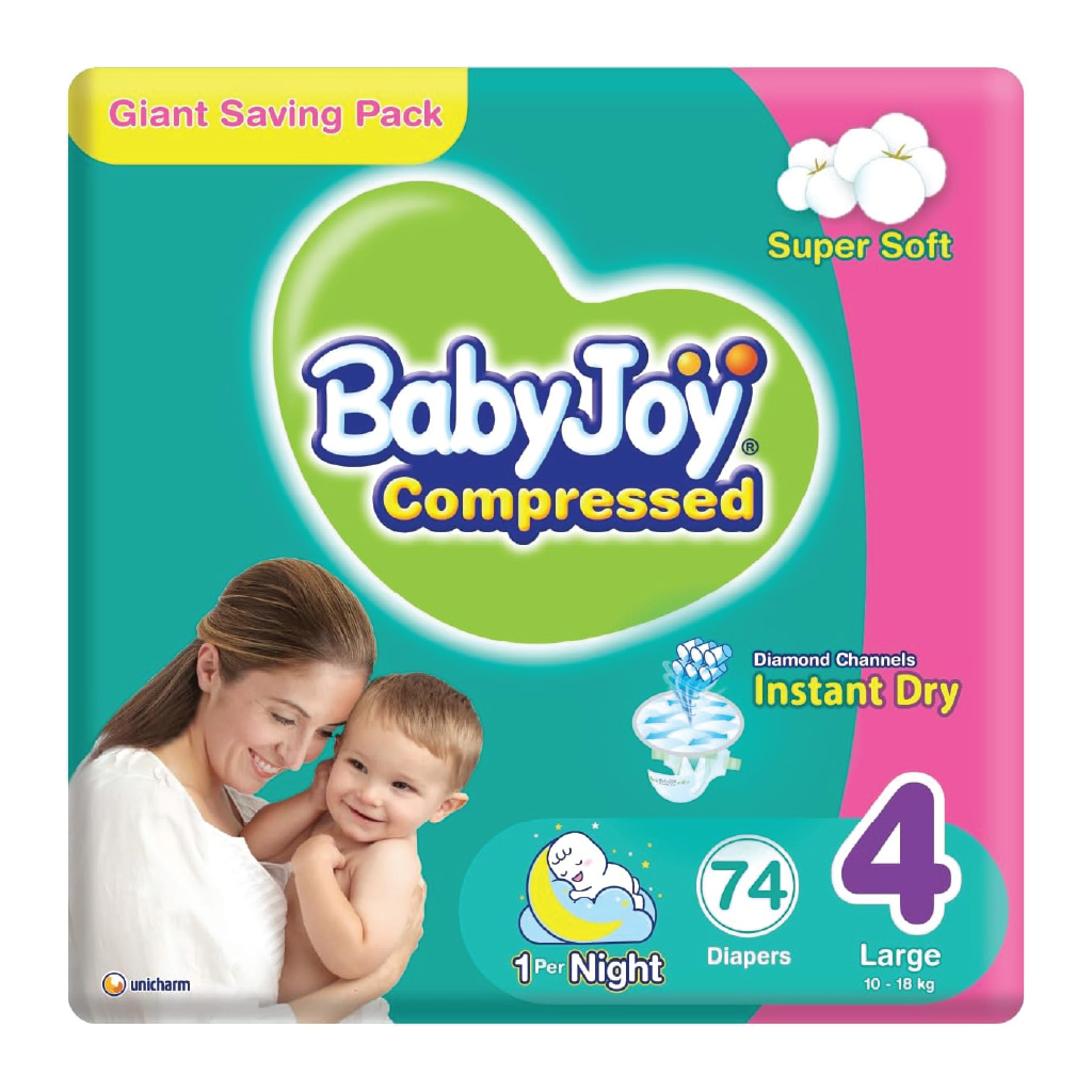 BabyJoy Compressed Diamond Baby Diapers Size-4, 10-18 Kg Giant Pack 74's