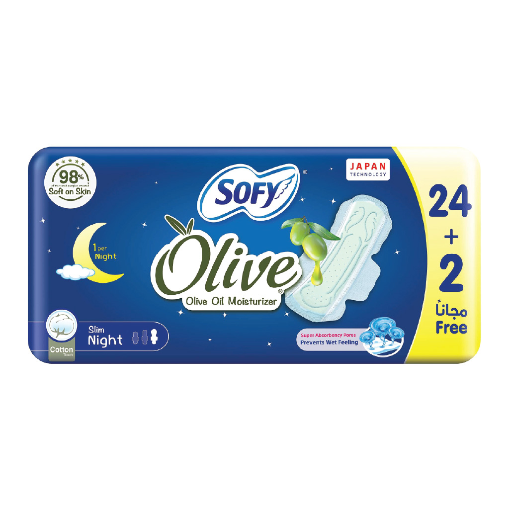 Sofy, Olive Slim Night Sanitary Napkins, Night use slim sanitary pads with olive extract, 24 + 2 pads
