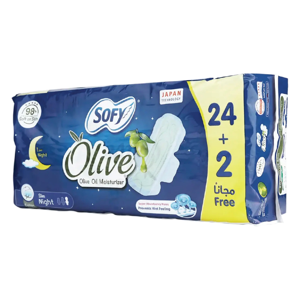 Sofy, Olive Slim Night Sanitary Napkins, Night use slim sanitary pads with olive extract, 24 + 2 pads