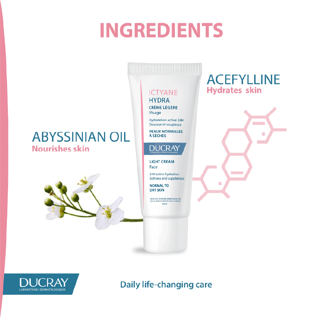 Ducray, Ictyane Hydra Light Face Cream, Lightweight moisturizing cream for dry sensitive skin, 40ml