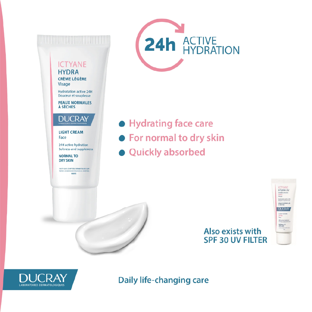 Ducray, Ictyane Hydra Light Face Cream, Lightweight moisturizing cream for dry sensitive skin, 40ml