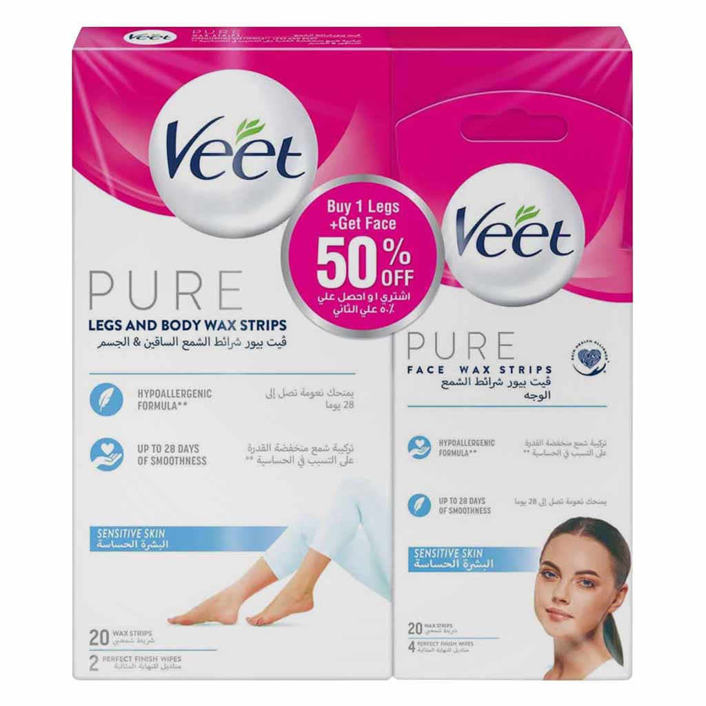 Veet Pure Legs And Body Wax Strips 20 Pieces  Face Wax Strips 20 Pieces @50% Off