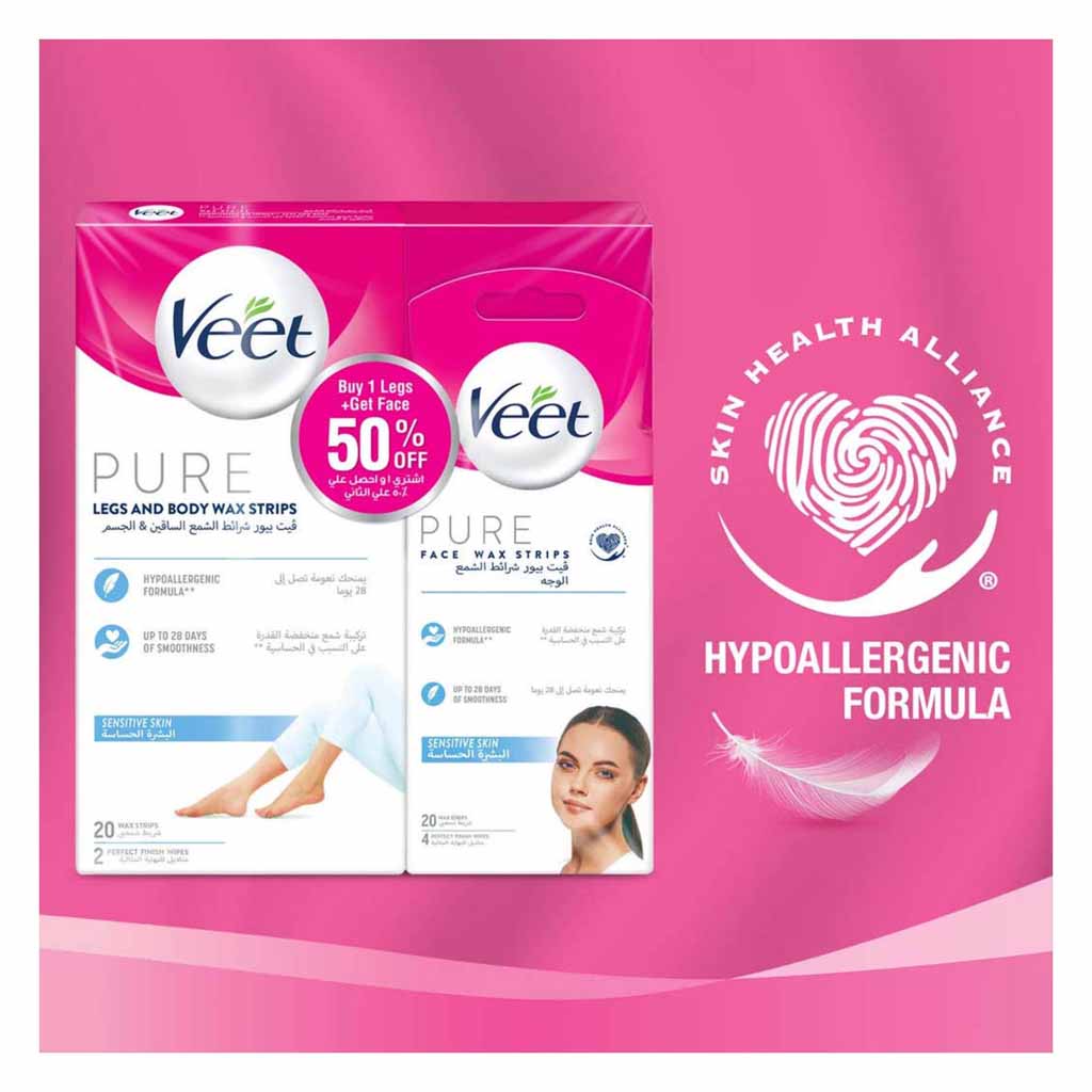 Veet Pure Legs And Body Wax Strips 20 Pieces  Face Wax Strips 20 Pieces @50% Off