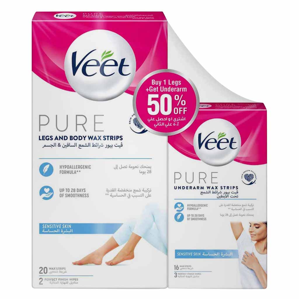 Veet Pure Legs And Body Wax Strips 20 Pieces  Underarm Wax Strips 16 Pieces @50% Off