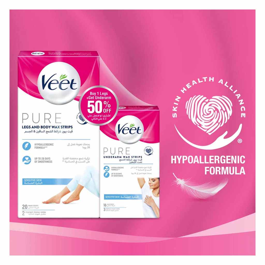 Veet Pure Legs And Body Wax Strips 20 Pieces  Underarm Wax Strips 16 Pieces @50% Off
