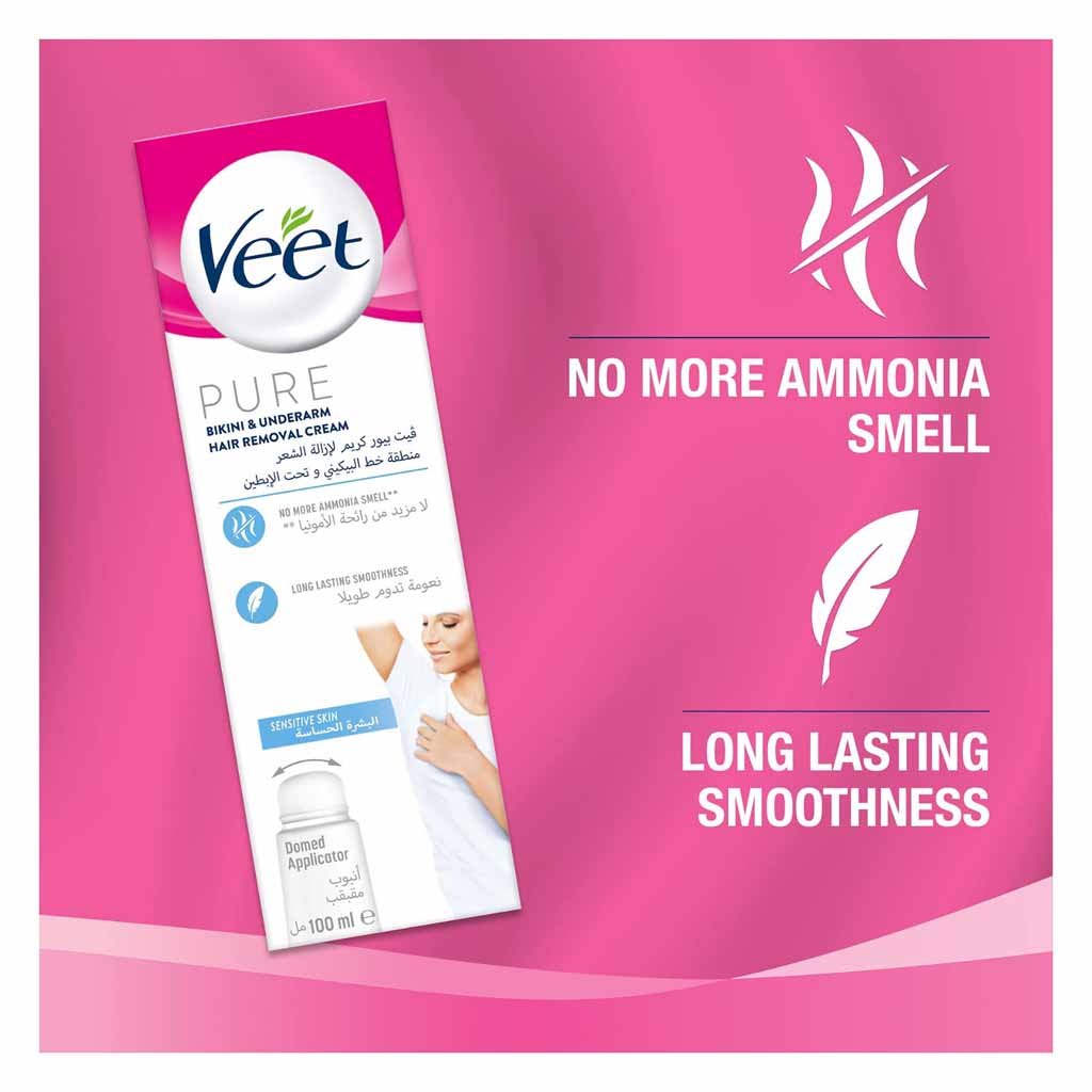 Veet, Pure Bikini and Underarm Hair Removal Cream with Domed Applicator, Precise hair removal cream with applicator, 100 ml