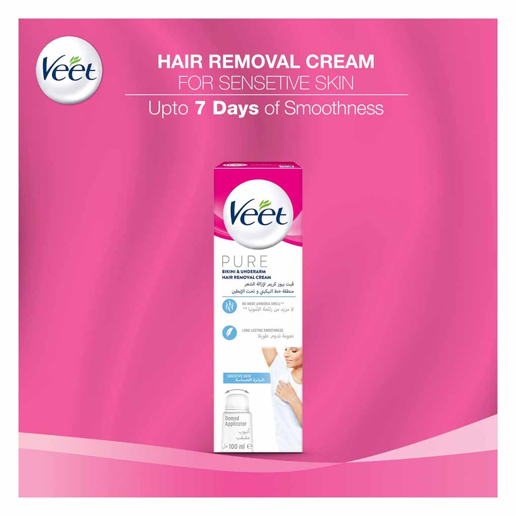 Veet, Pure Bikini and Underarm Hair Removal Cream with Domed Applicator, Precise hair removal cream with applicator, 100 ml