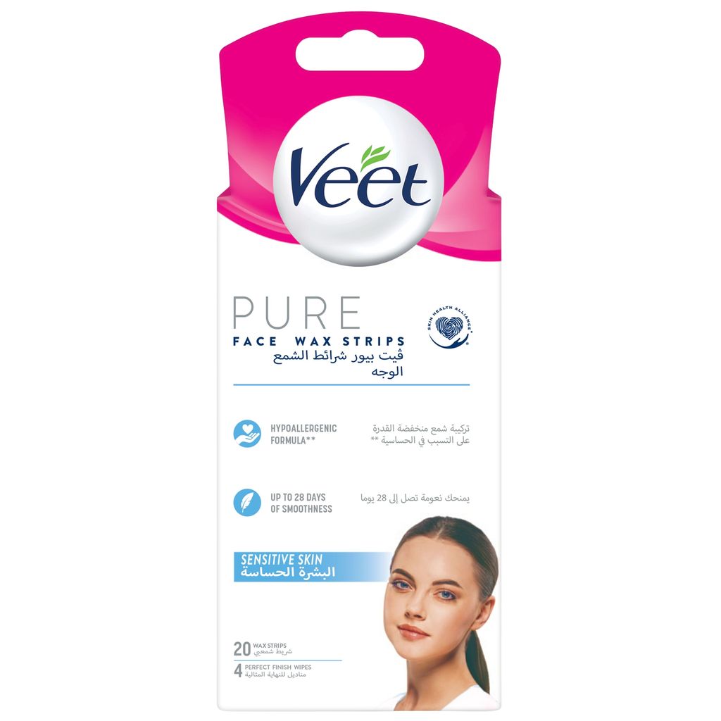 Veet, Pure Cream Wax Sensitive Face, Gentle facial wax strips for sensitive skin, 20 strips