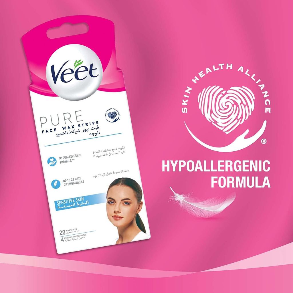 Veet, Pure Cream Wax Sensitive Face, Gentle facial wax strips for sensitive skin, 20 strips