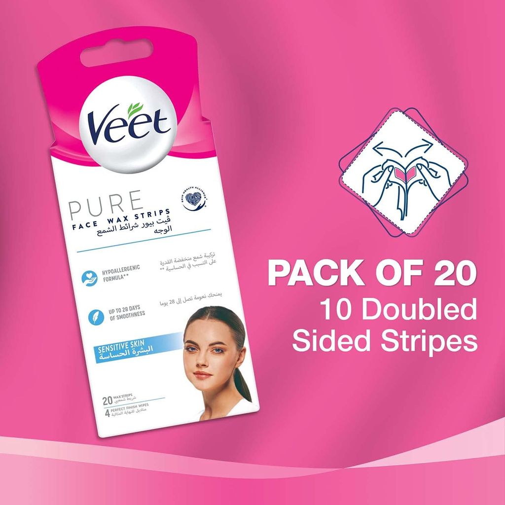 Veet, Pure Cream Wax Sensitive Face, Gentle facial wax strips for sensitive skin, 20 strips