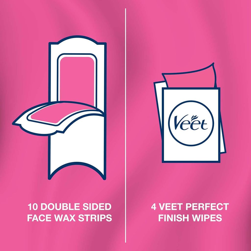 Veet, Pure Cream Wax Sensitive Face, Gentle facial wax strips for sensitive skin, 20 strips