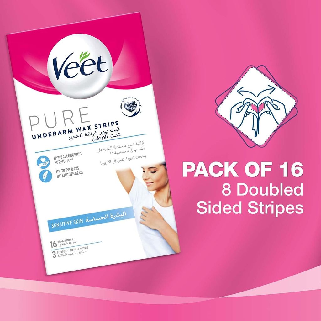 Veet Pure Underarm Wax Strips, Sensitive Skin, Pack of 16's