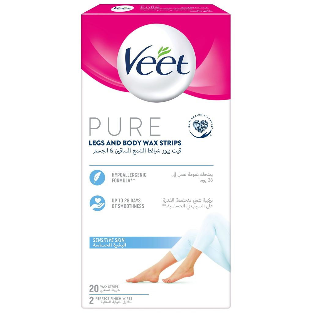 Veet, Pure Legs and Body Wax Strips Sensitive Skin, Gentle hair removal wax strips for sensitive skin, 16 pieces