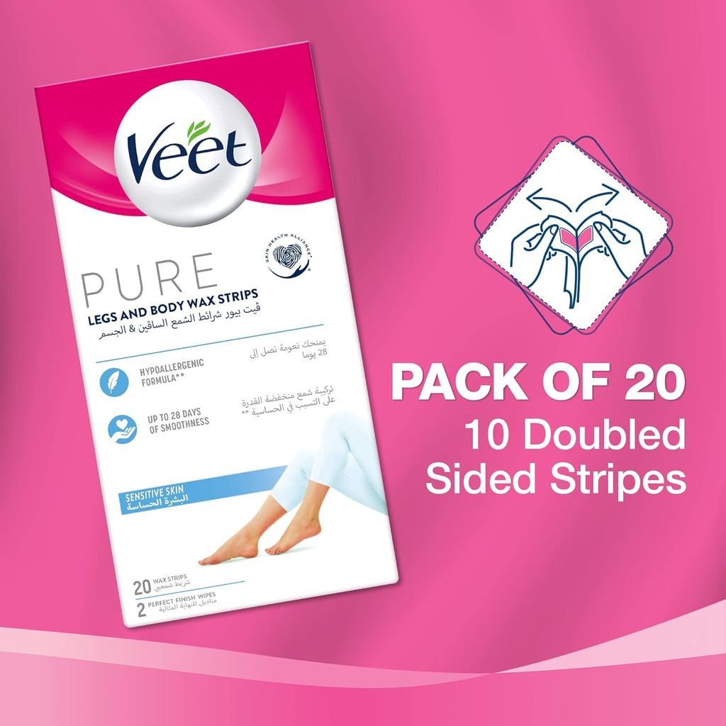 Veet, Pure Legs and Body Wax Strips Sensitive Skin, Gentle hair removal wax strips for sensitive skin, 16 pieces