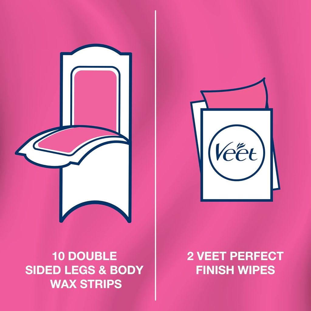 Veet, Pure Legs and Body Wax Strips Sensitive Skin, Gentle hair removal wax strips for sensitive skin, 16 pieces