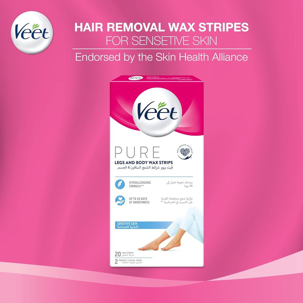 Veet, Pure Legs and Body Wax Strips Sensitive Skin, Gentle hair removal wax strips for sensitive skin, 16 pieces