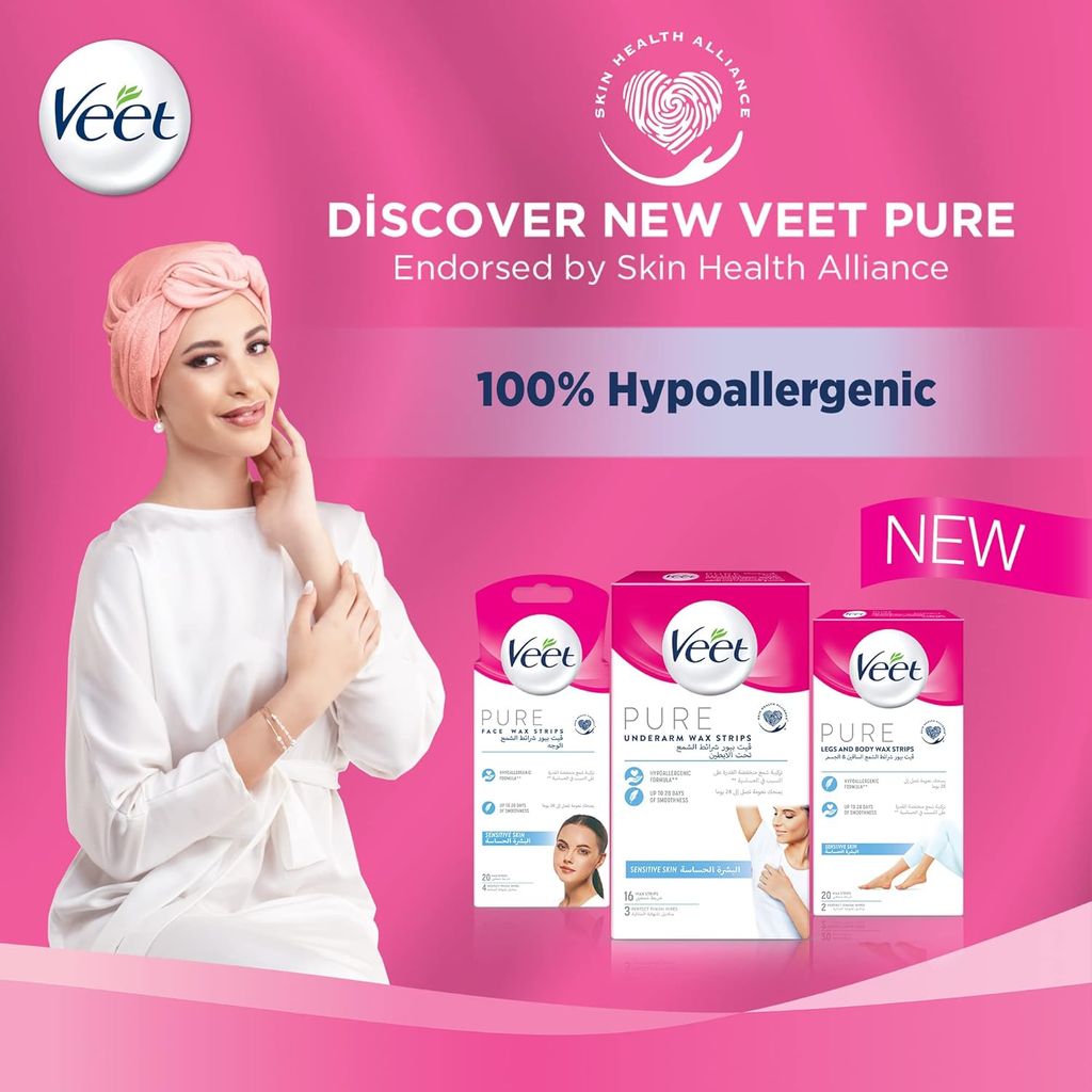 Veet, Pure Legs and Body Wax Strips Sensitive Skin, Gentle hair removal wax strips for sensitive skin, 16 pieces