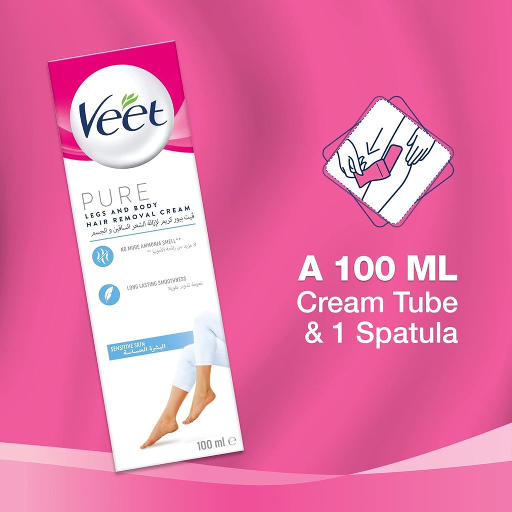 Veet Pure Legs & Body Hair Removal Cream, Sensitive Skin, 100ml
