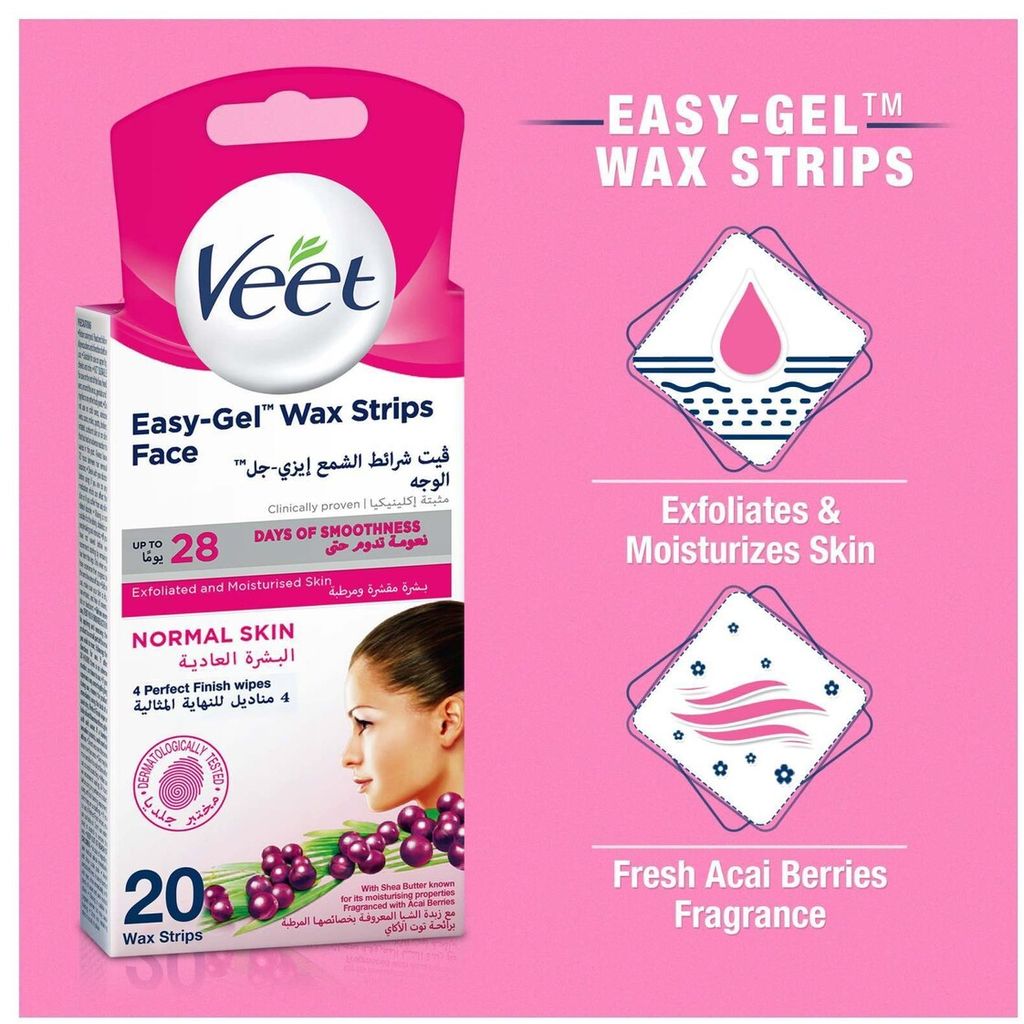 Veet, Easy Gel Face Wax Strips Normal Skin, Gentle face wax strips for normal skin, 20 pieces