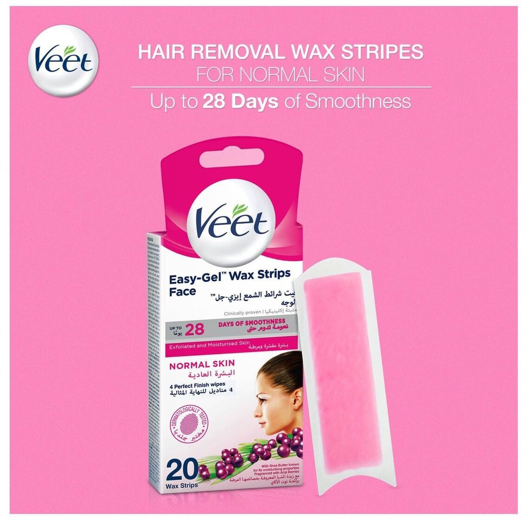 Veet, Easy Gel Face Wax Strips Normal Skin, Gentle face wax strips for normal skin, 20 pieces