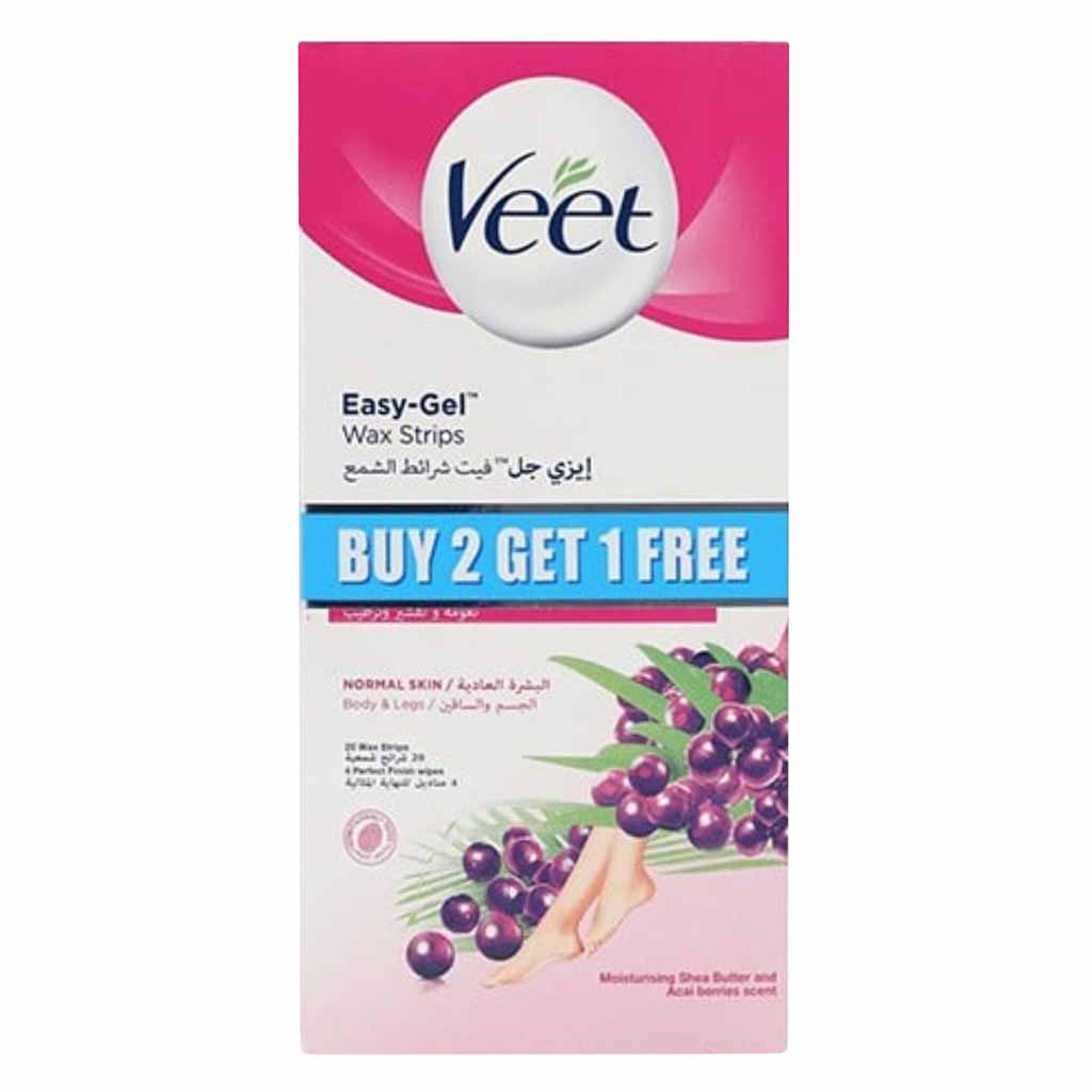 Veet Moisturising Shea Butter And Acai Berries Easy Gel Wax Strips For Normal Skin 20 Pieces (2  1 Free)