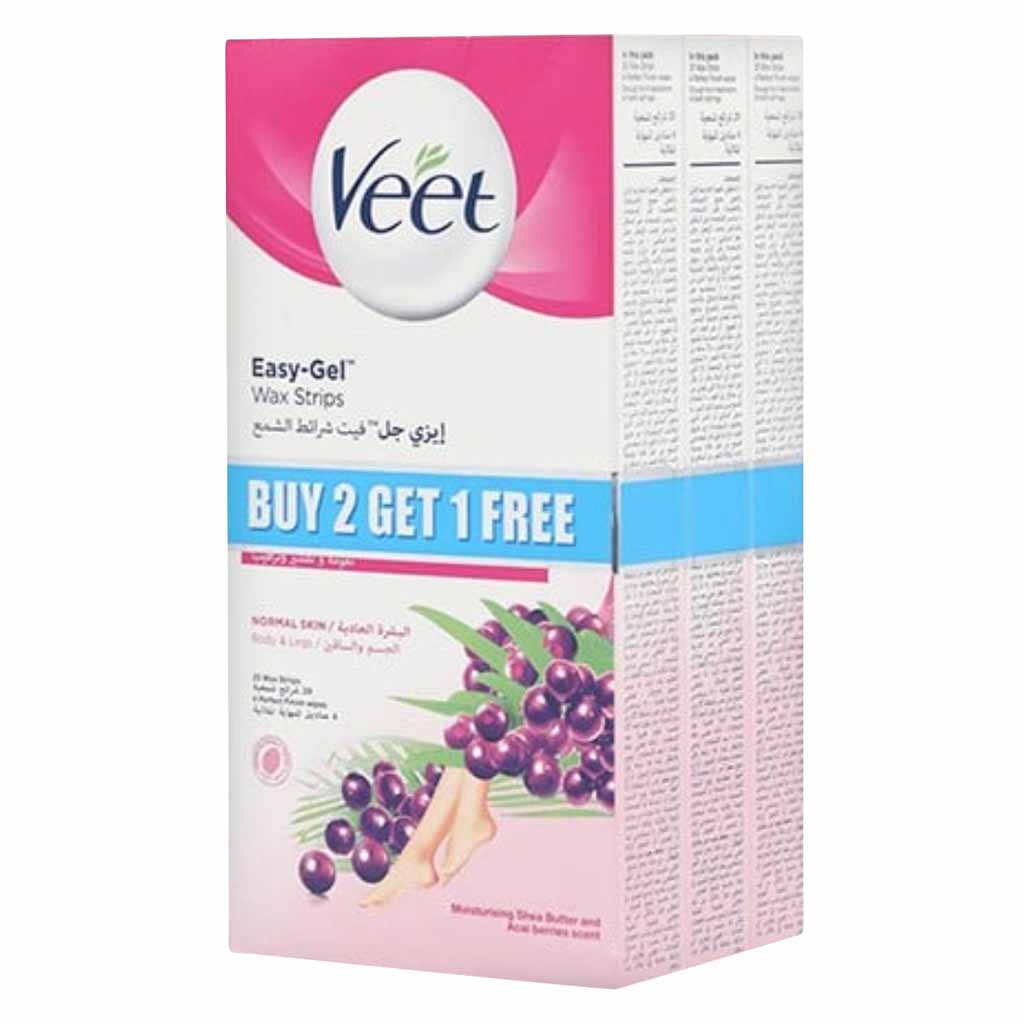 Veet Moisturising Shea Butter And Acai Berries Easy Gel Wax Strips For Normal Skin 20 Pieces (2  1 Free)