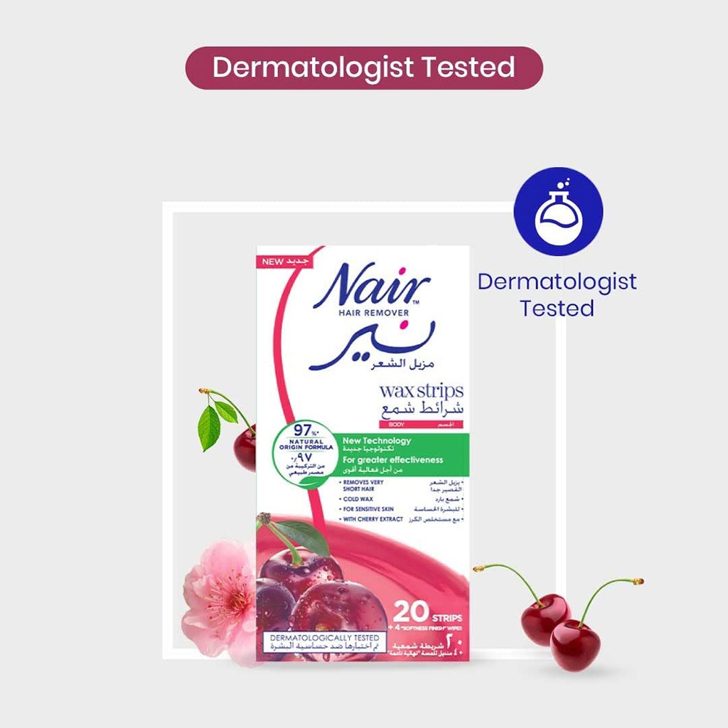 Nair, Body Wax Strips with Cherry, Effective hair removal wax strips with cherry scent, 20 strips