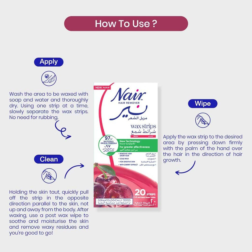 Nair, Body Wax Strips with Cherry, Effective hair removal wax strips with cherry scent, 20 strips
