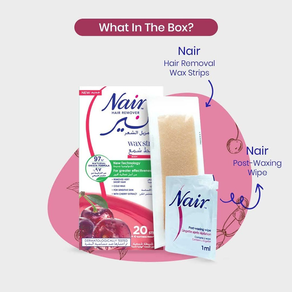 Nair, Body Wax Strips with Cherry, Effective hair removal wax strips with cherry scent, 20 strips