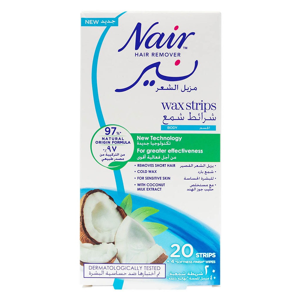 Nair, Body Wax Strips with Coconut, Gentle hair removal wax strips with coconut scent, 20 strips