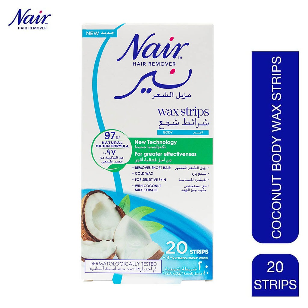 Nair, Body Wax Strips with Coconut, Gentle hair removal wax strips with coconut scent, 20 strips