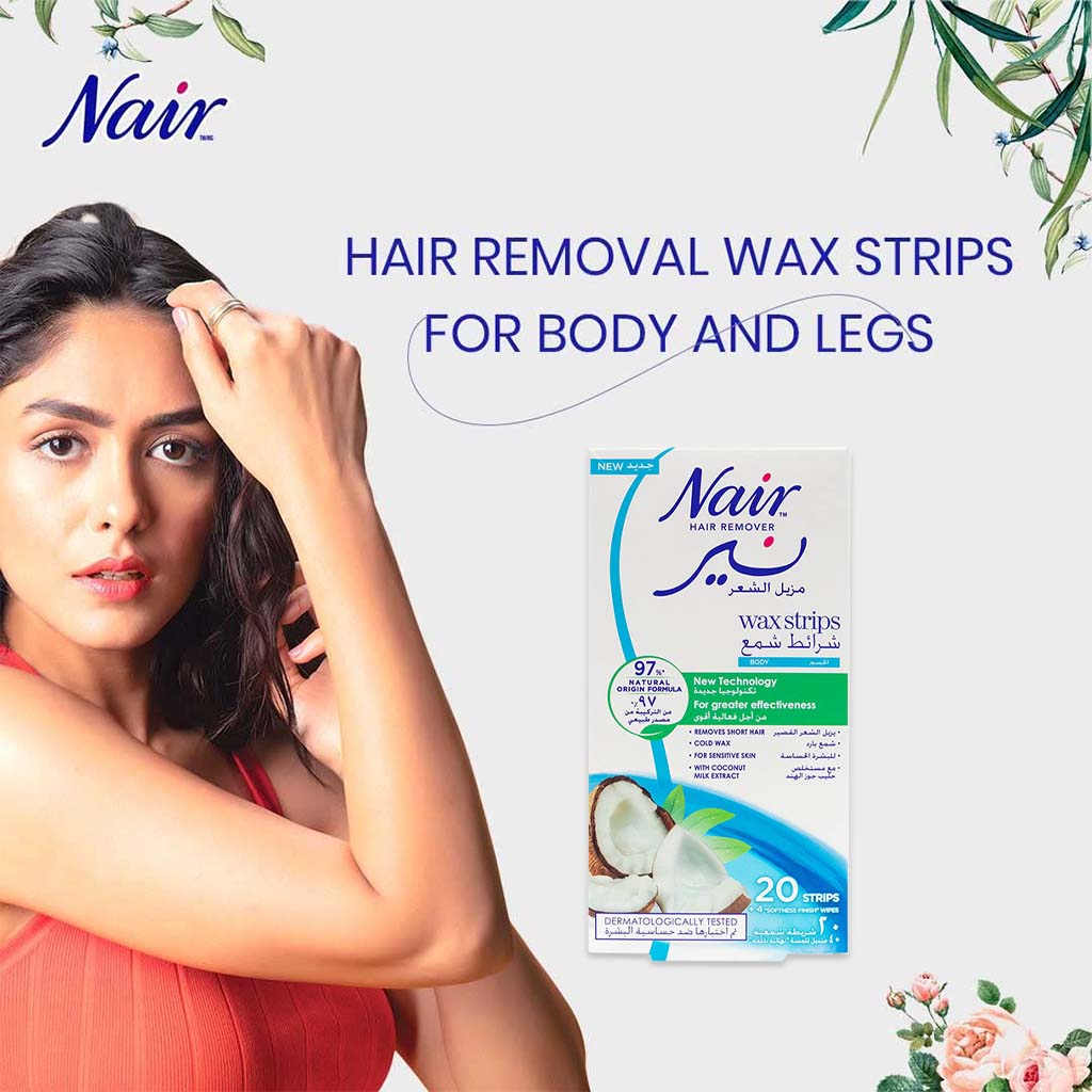 Nair, Body Wax Strips with Coconut, Gentle hair removal wax strips with coconut scent, 20 strips