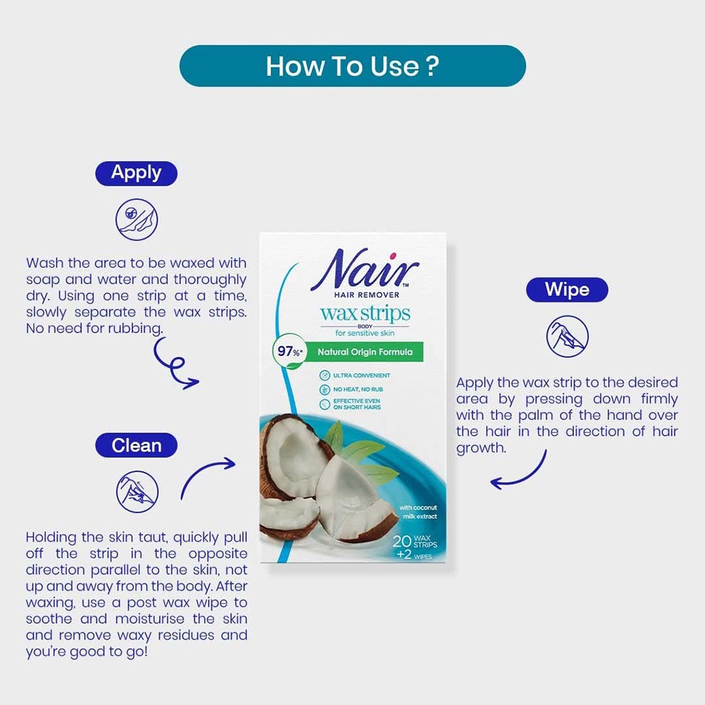 Nair, Body Wax Strips with Coconut, Gentle hair removal wax strips with coconut scent, 20 strips