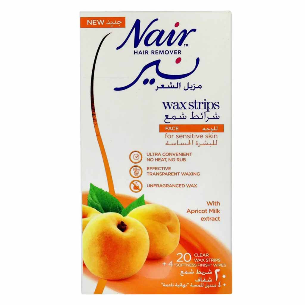 Nair, Hair Remover Face Wax Strips with Apricot Extract, Gentle facial hair removal wax strips, 20 strips