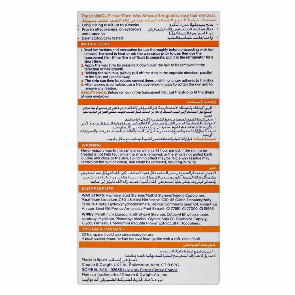 Nair, Hair Remover Face Wax Strips with Apricot Extract, Gentle facial hair removal wax strips, 20 strips