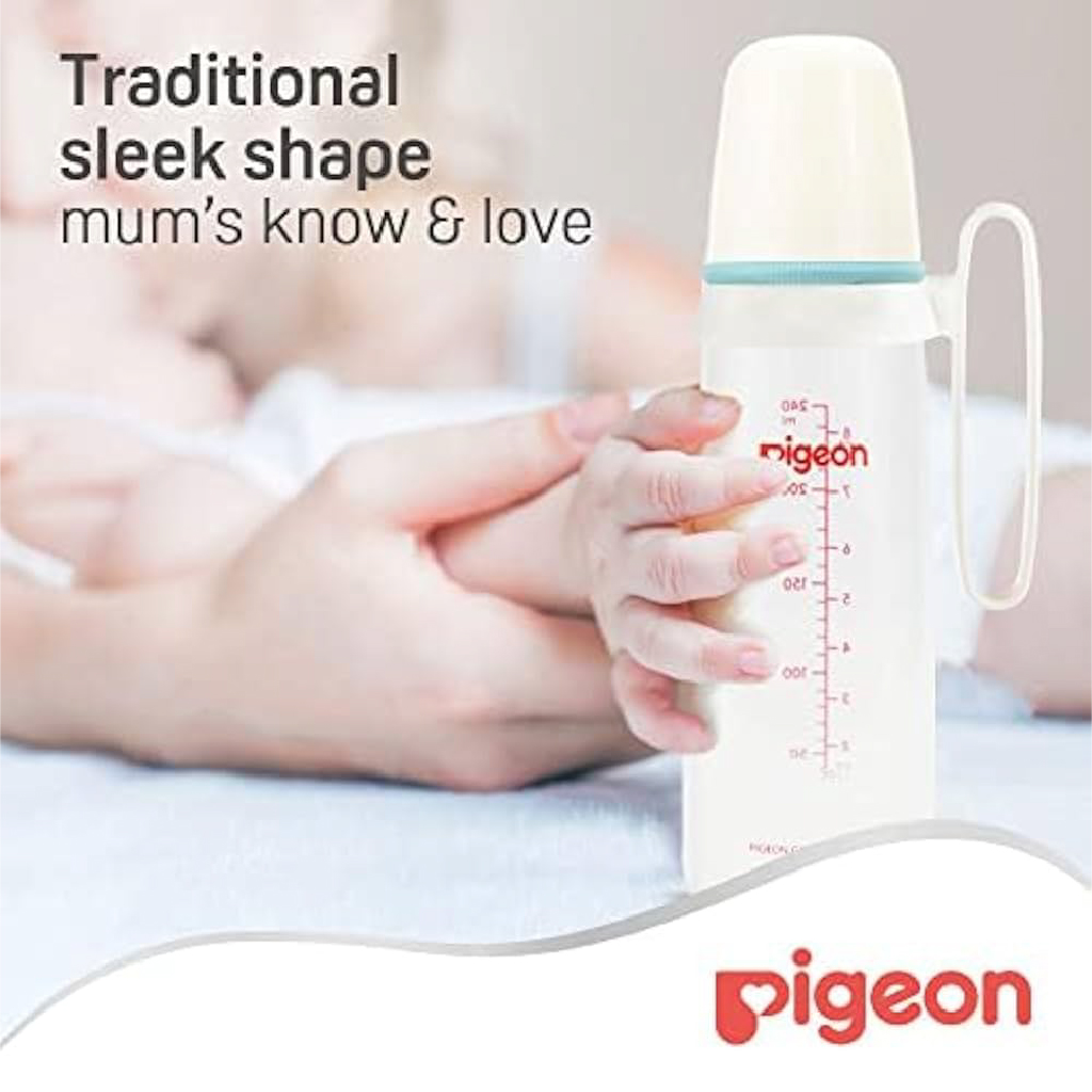 Pigeon, Plastic Bottle White Cap Slim Neck with Handle, Easy grip feeding bottle, 240 ml
