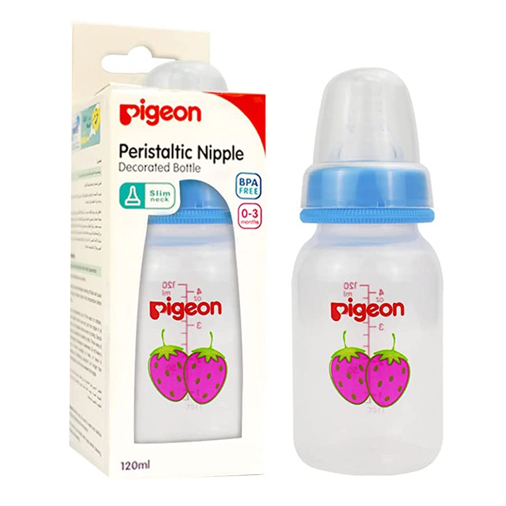Pigeon, Slim neck fruit decorated feeding bottle, Easy to hold bottle with anti-colic nipple, 120 ml